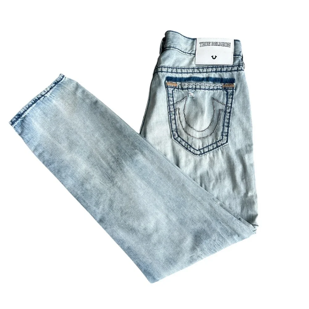 True Religion Athletic Geno Relaxed Slim Blue Straight Jeans Distressed